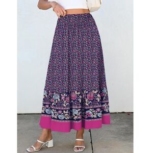 ANRABESS Women's Boho Maxi Skirt - Navy w/Floral Print, Size L NWT